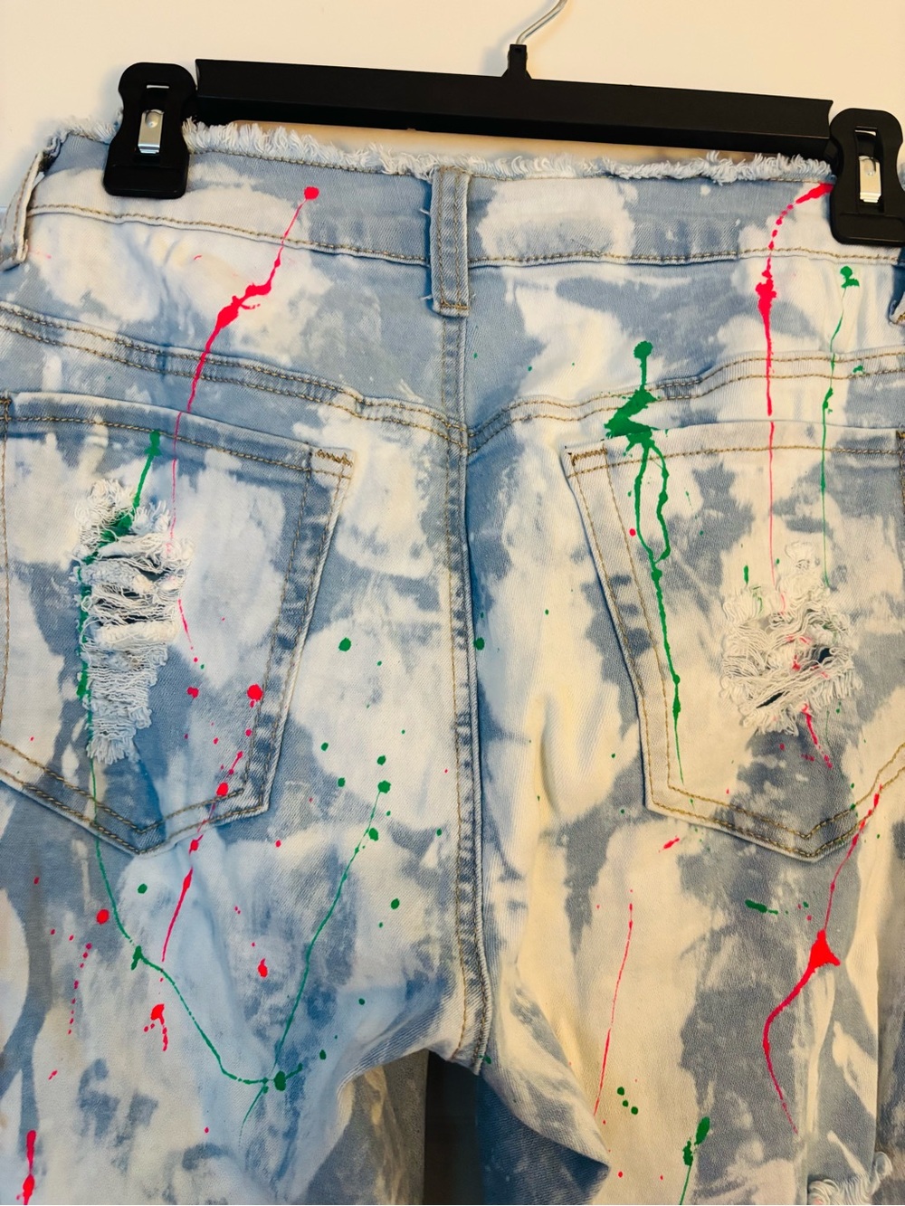Red fox Woman’s Jeans Light Wash Tie-Dye Jeans with Neon Paint Splatter